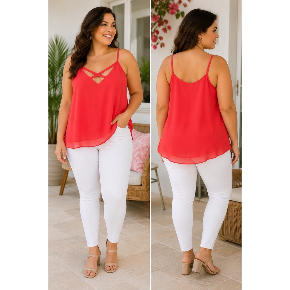 Torrid Womens‎ Coaral Red Chiffon Strappy V-Neck Cami Tank Top Plus Size 2